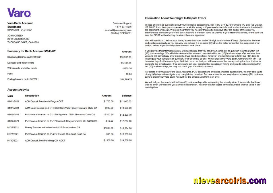 USA California Varo bank statement in Word and PDF format, 2 pages